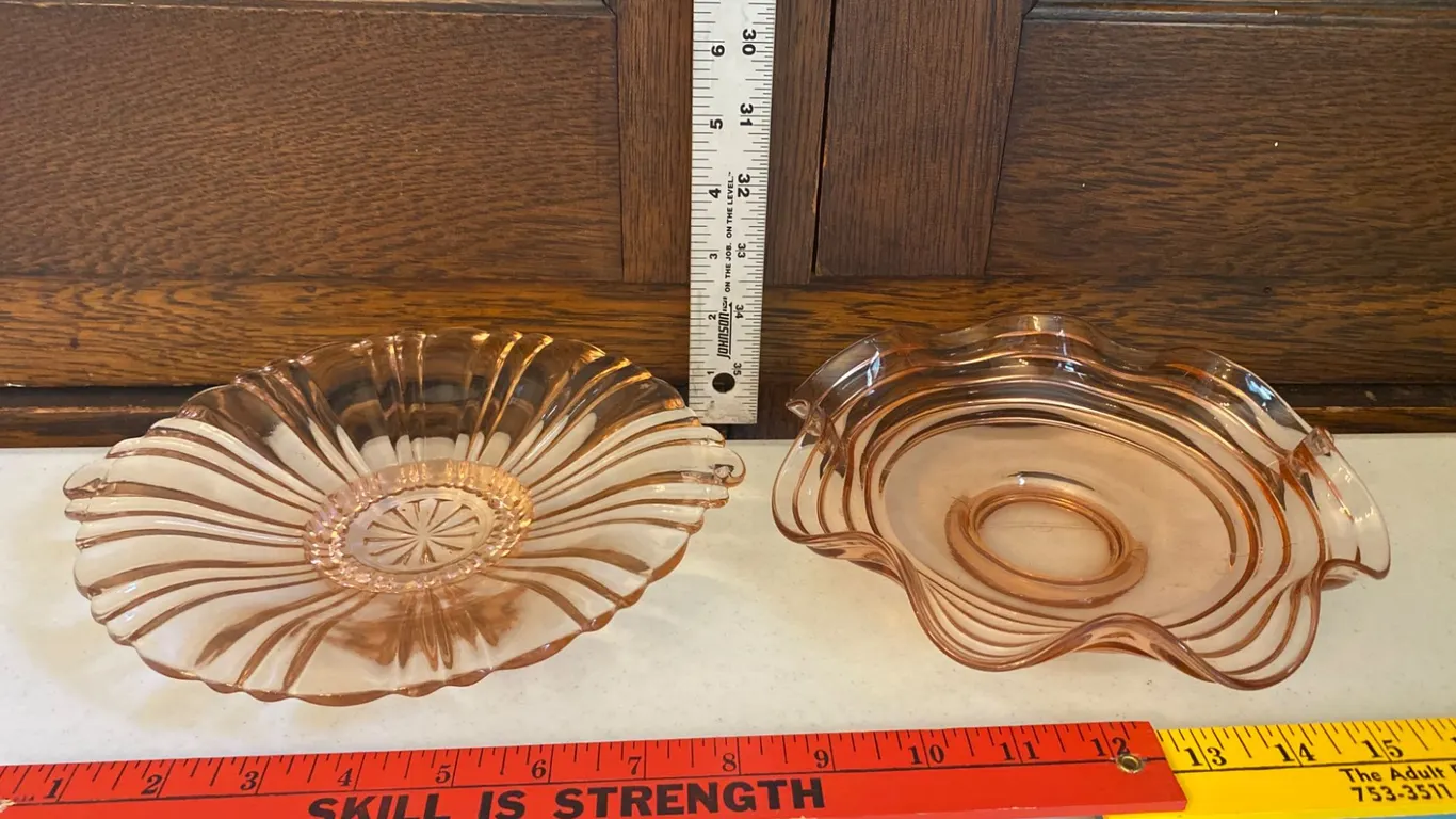 2 Pink Depression Glass Bowls with Floral and Wavy Rim Designs