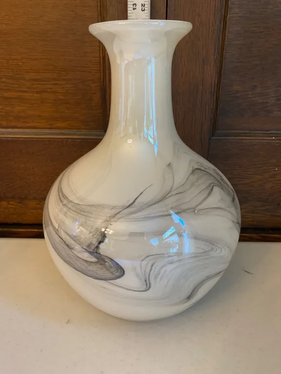 White and Black Swirled Glass Vase with Flared Neck
