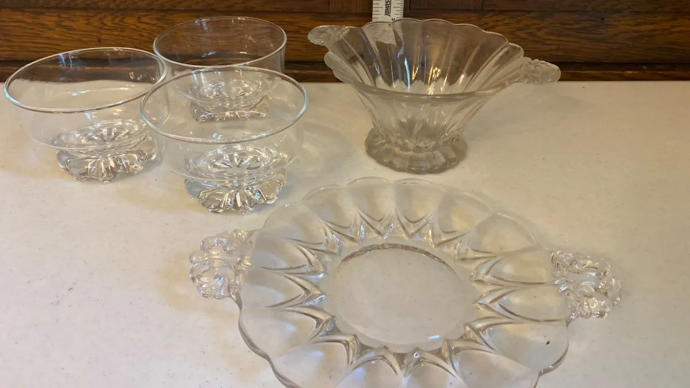 Vintage Glassware Set With Serving Plate, Bowl, and Three Dessert Cups
