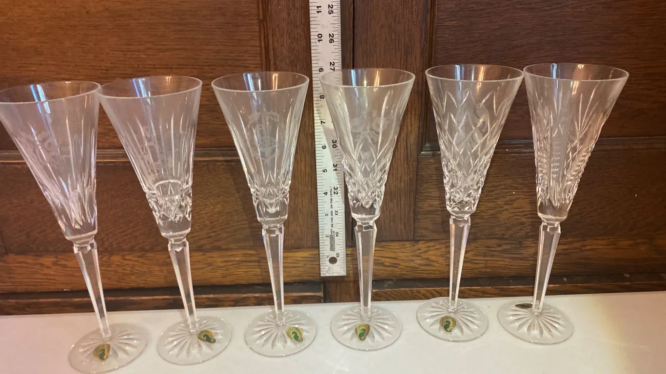 6 Waterford Crystal Champagne Flutes, Made in Ireland