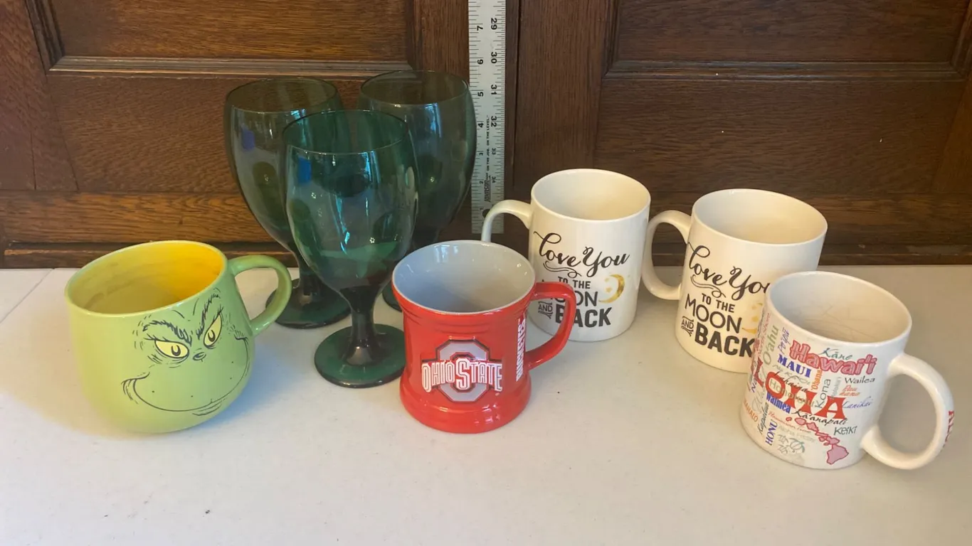 Coffee Mugs and Green Glass Goblets, Assorted Designs