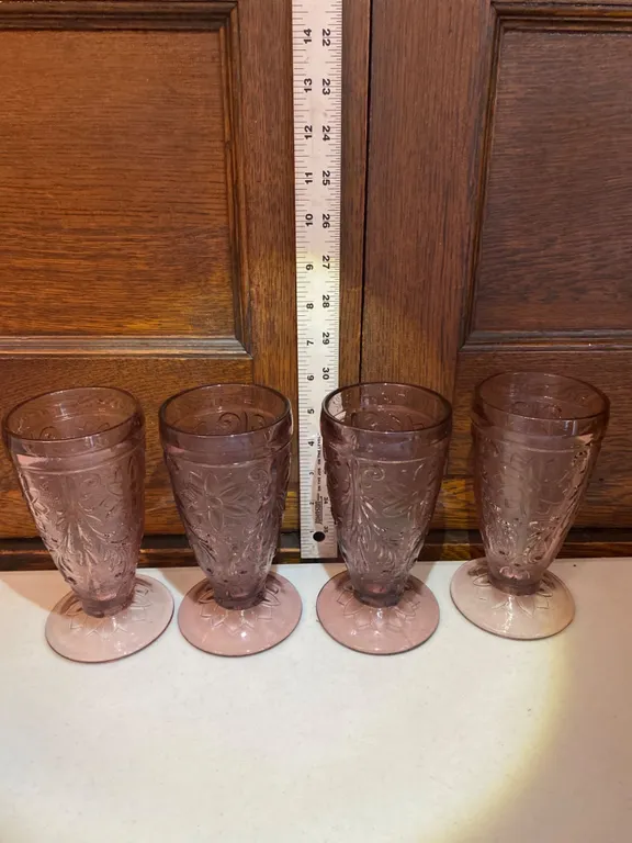 4 Pink Depression-Style Glass Goblets With Floral Pattern