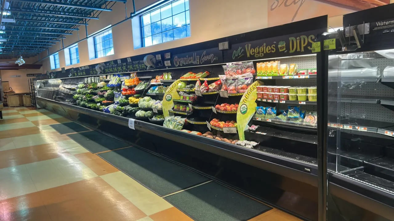 Tyler L4P12 multi-tier medium-temp produce display cases. Features solid shelving and canopy lighting. 12'L each. Electrical: 120V, 1-Phase. Note: For
