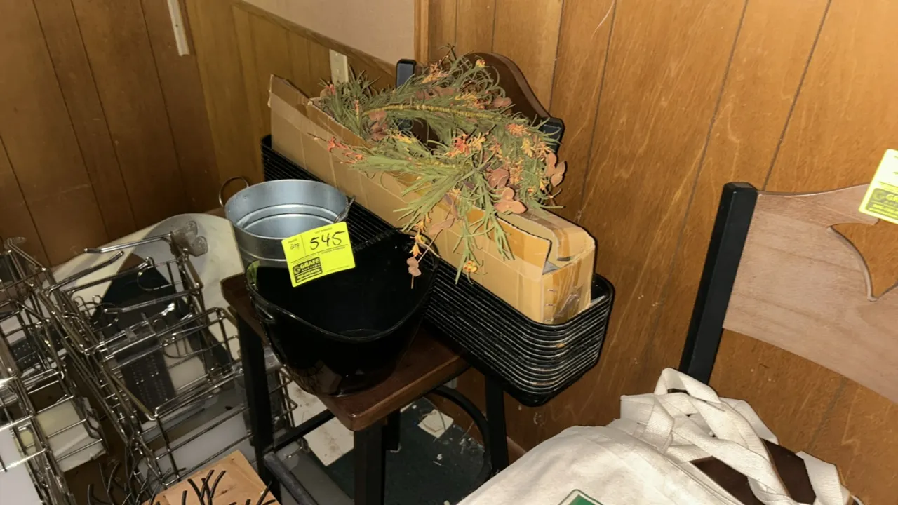 Assorted fall decor, buckets, and poly trays. Includes artificial fall foliage garland, galvanized metal pail, black plastic beverage tub with side ha
