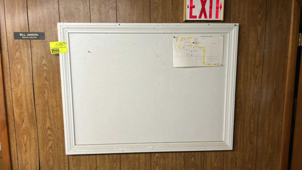 Framed cork bulletin board. Features a white cork surface and decorative white molded frame. 4' x 3'. Wall-mounted. Contents not included.