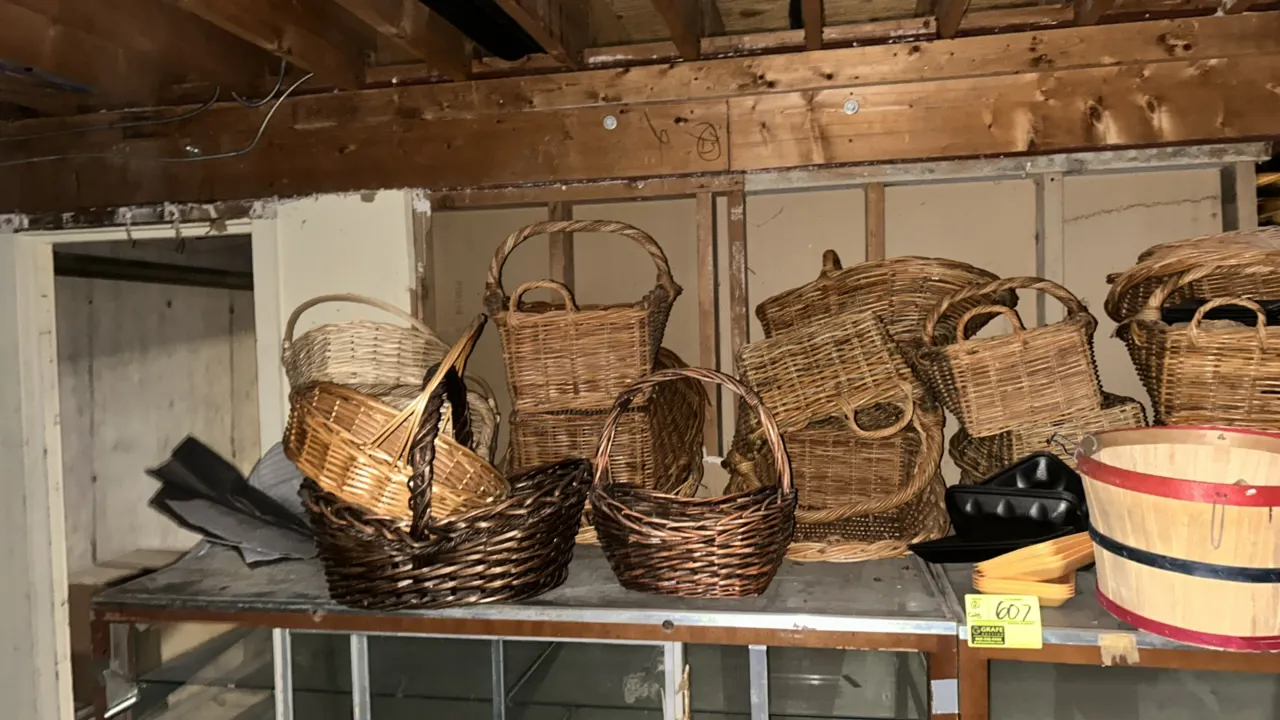 Assorted wicker baskets. Features a variety of styles, shapes, and sizes, including rectangular, oval, and round woven baskets with carrying and arch