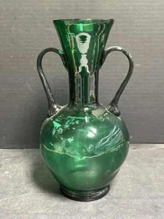 Double Handled Green Art Glass Vase, 12 "
