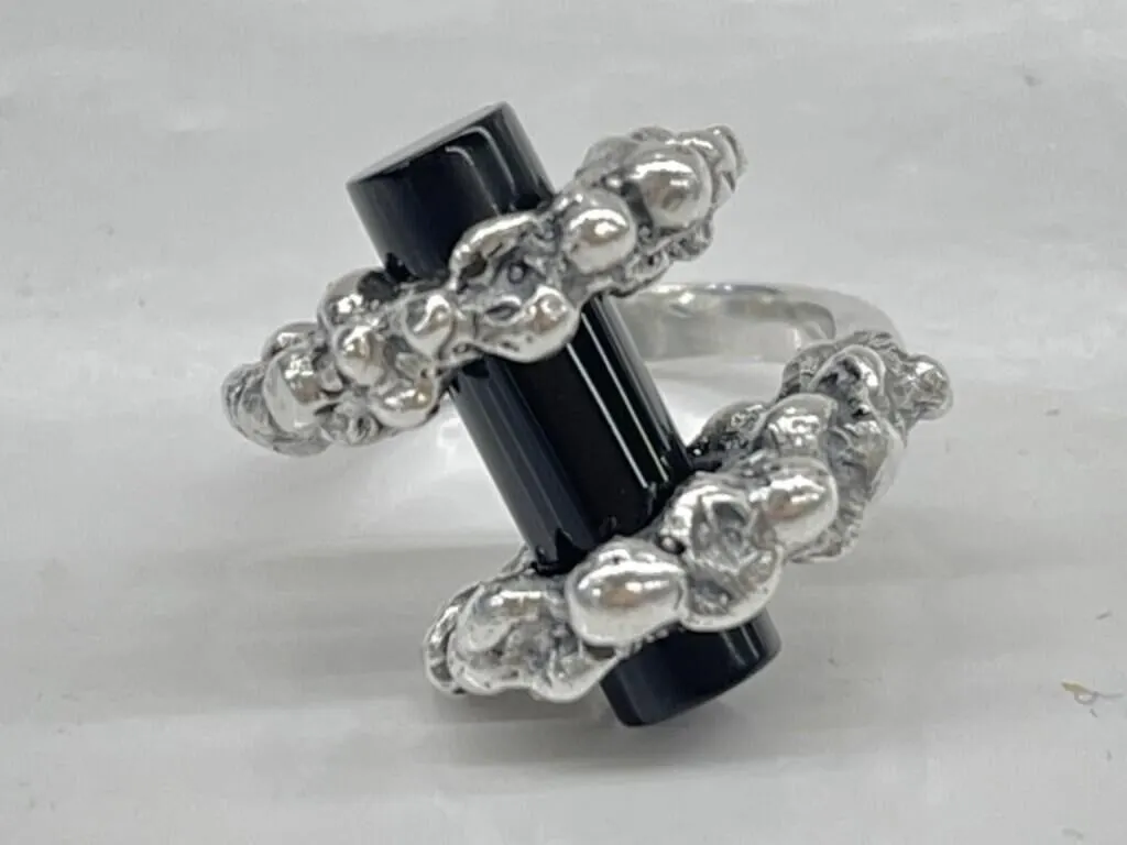 Unmarked Silver Onyx Statement Ring With Rough