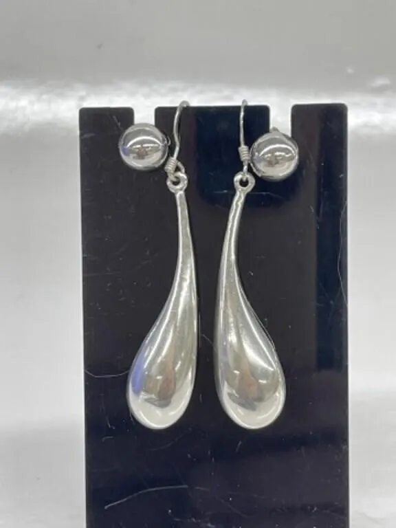 Sterling 925 Silver Long Curved Tear Drop Dangle