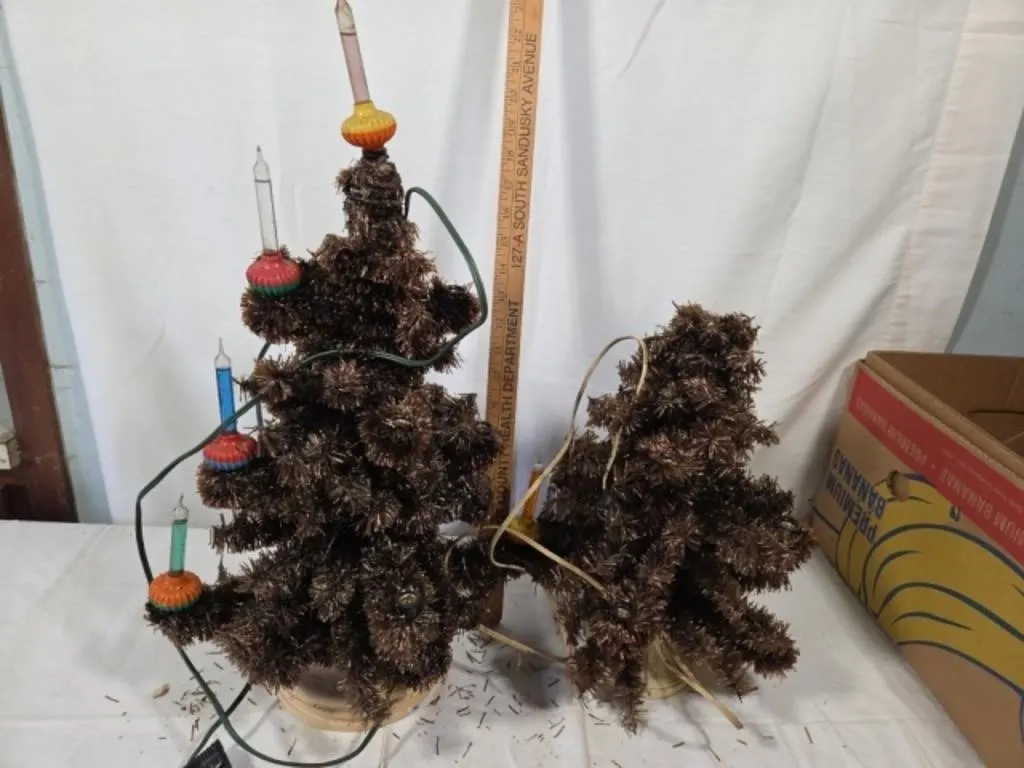 Pair Old Tinsel Lighted Trees