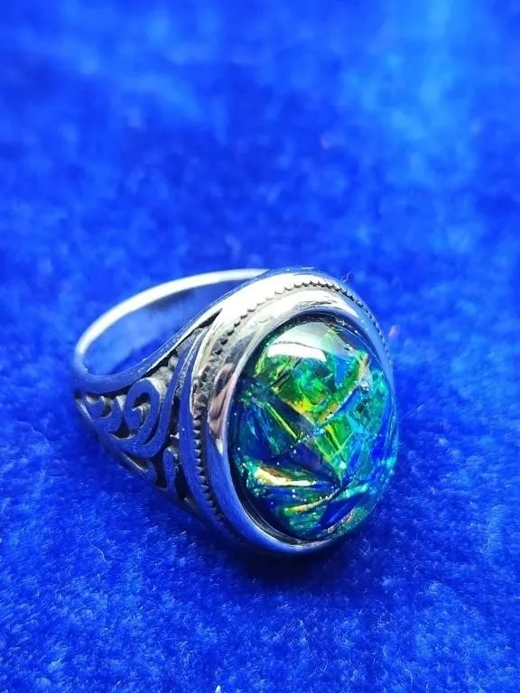 Scrolled Band Ring with Iridescent Stone