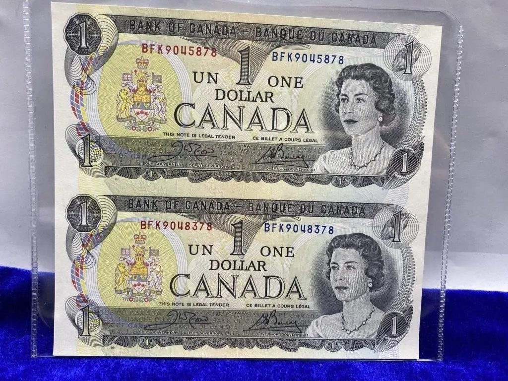 1973 Canada $1 Bank Notes, Uncut Pair (2 notes)