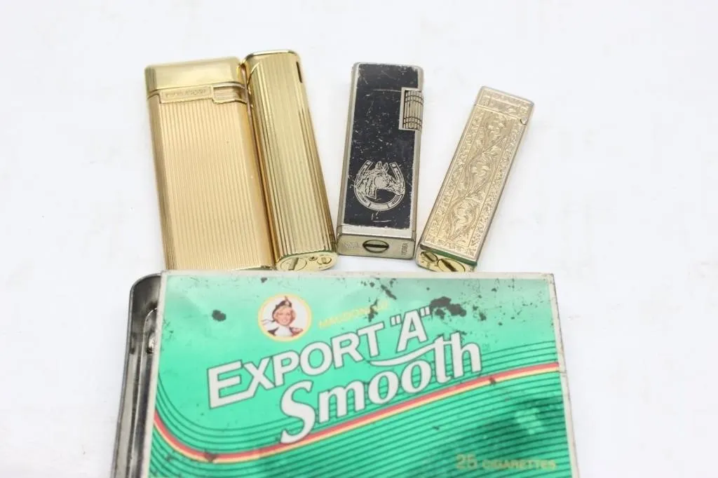 Vintage Lighters (4) with Export A Cigarette Tin