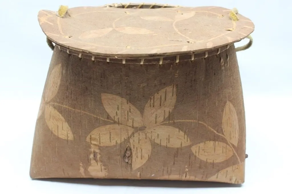 Birch Bark Basket with Stitched Lid and Handle