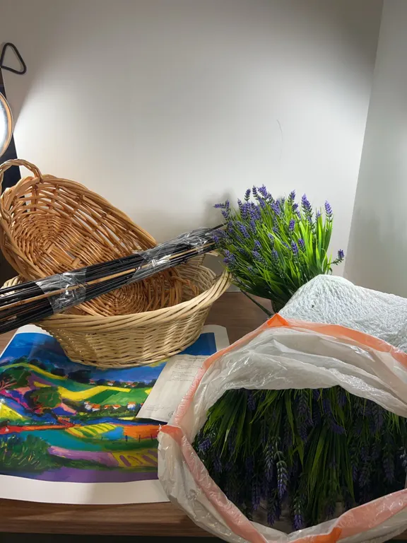 Group: Wicker Baskets, Faux Lavender Stems, Park West Print