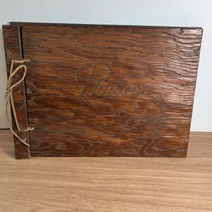 Wood Photo Album with Carved "Photos" Cover and String Binding