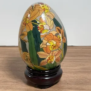 Glass Egg with Hand-Painted Floral Motif and Wood Stand