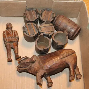 Hand-Carved Wood Ox, Farmer, Barrels, Buckets Set