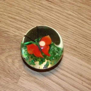 Glass Paperweight With Encased Red Flower Design