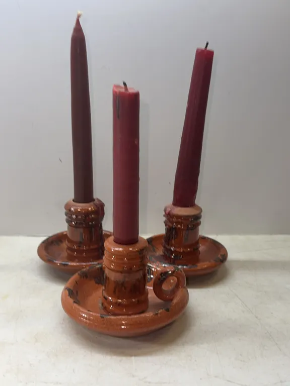 Vintage Redware Pottery Chamberstick Candle Holders