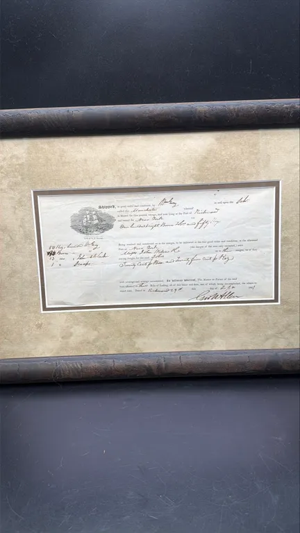 Framed Antique 1847 Maritime Shipping Document with Sailing Ship Illustration