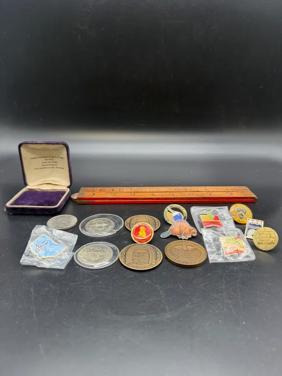Vintage Advertising Pins, Commemorative Medals, Coins & Folding Ruler Collection
