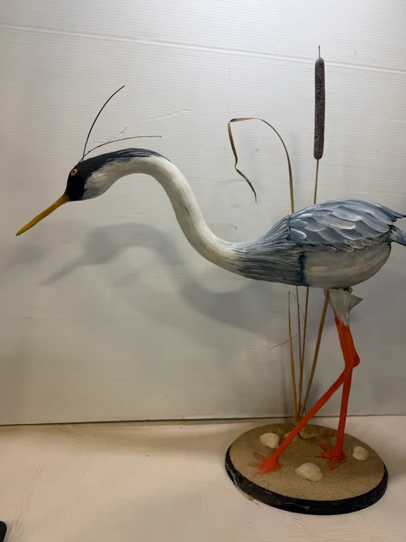 Handcrafted Great Blue Heron Wooden Bird Sculpture with Cattails