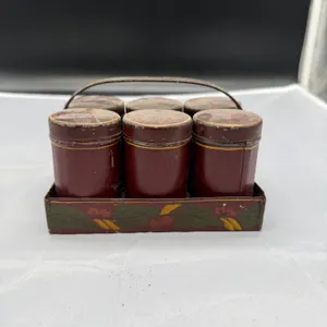 Vintage Primitive Wooden Spice Jar Set with Hand-Painted Carrier