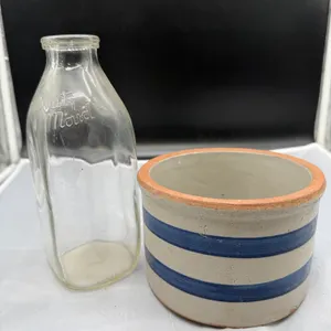 Vintage Quart Maid Embossed Glass Milk Bottle & Blue Stripe Stoneware Crock