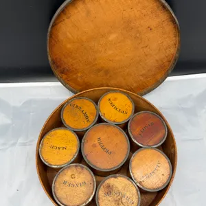 Antique Wooden Spice Box Set with Round Storage Container