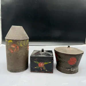Antique Hand-Painted Toleware Metal Containers – 3 Pieces