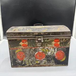 Antique Hand-Painted Folk Art Metal Document Box with Floral Design