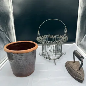 Vintage Stoneware Crock, Wire Egg Basket & Antique Sad Iron