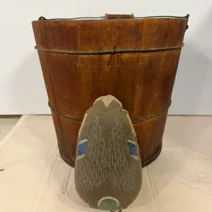 Antique Primitive Wooden Stave Bucket with Duck-In Decoys St. Louis MO Canvas "Duck Butt" Decoy
