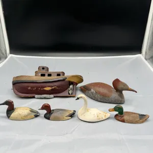 Vintage Miniature Hand-Carved Wooden Duck Decoys, Swan & Tugboat Folk Art Collection – 6 Pieces