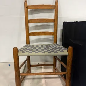 Antique Primitive Wooden Ladder Back Chair with Woven Checkerboard Seat