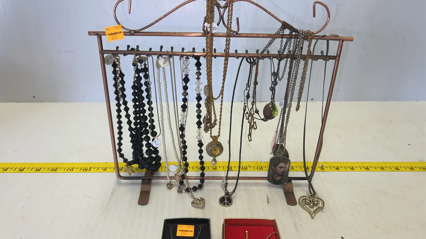Assorted Necklaces on Metal Rack, Necklaces in Boxes