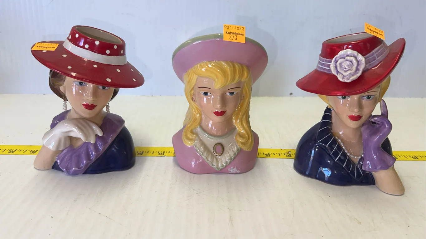 (3) Ceramic Lady Head Vases