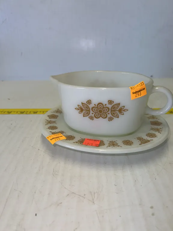 Vintage Pyrex Butterfly Gold Gravy Boat and Underplate