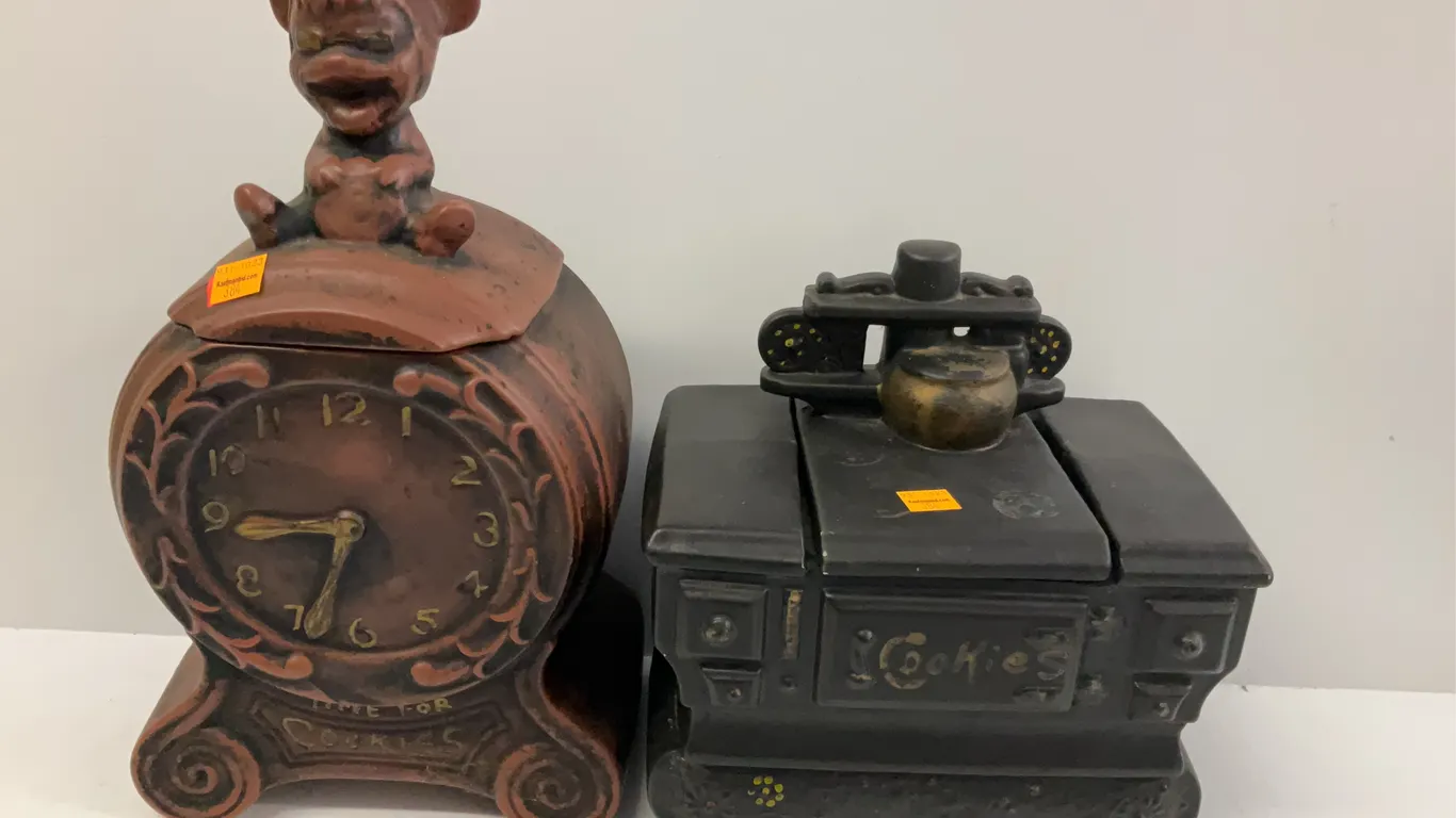 Vintage Clock Cookie Jar, Vintage Stove Cookie Jar