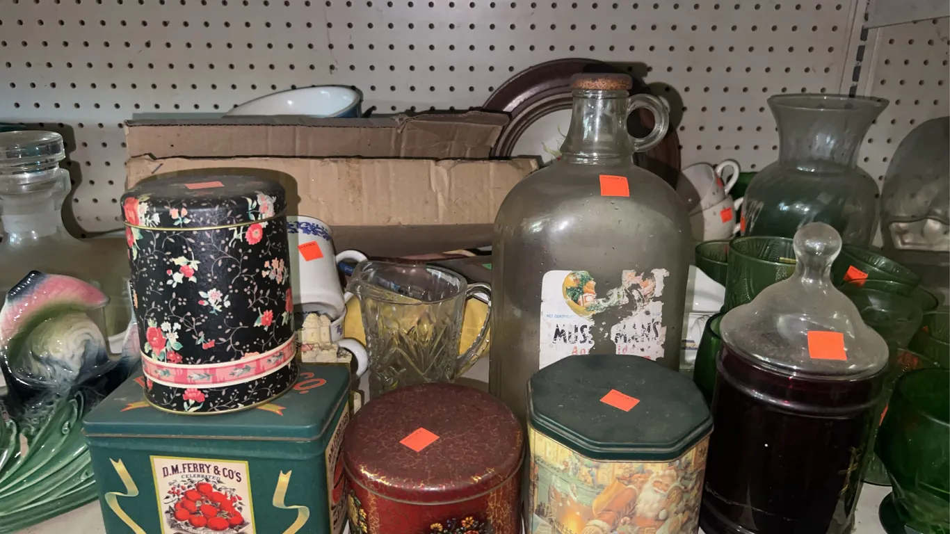 Misc. Items (Green Glassware, Tins, Mugs, Bottles)