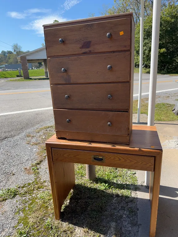 Wooden desk, small dresser, Rolling table