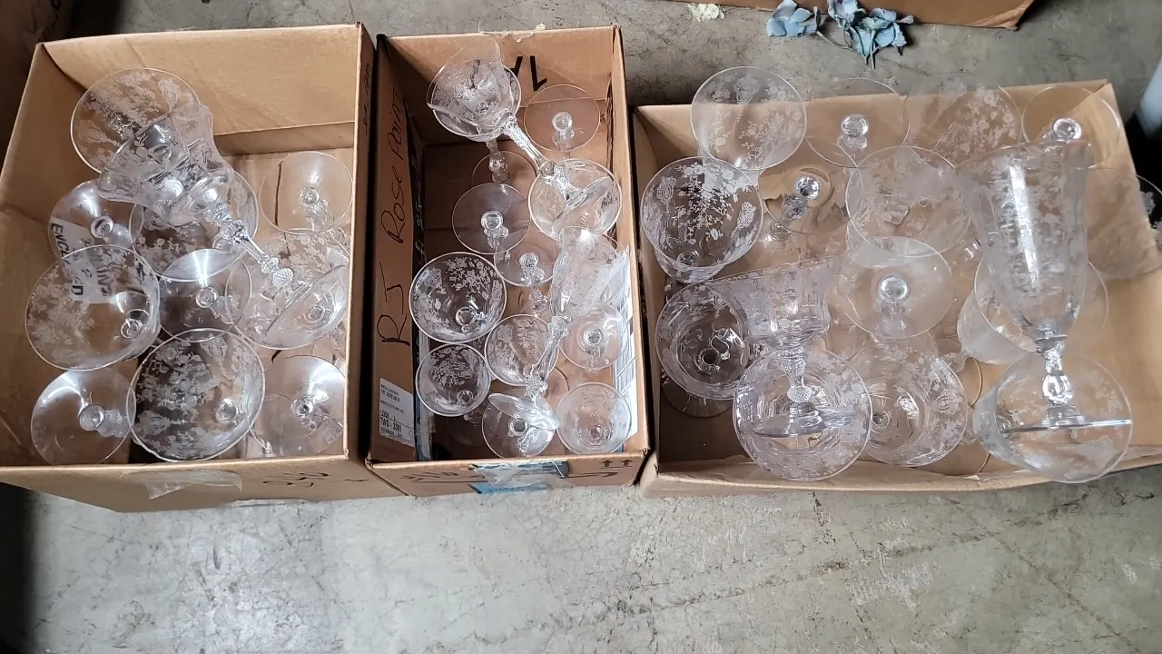 VINTAGE CLEAR GLASS ETCHED (rose point) STEMWARE & more/ large lot