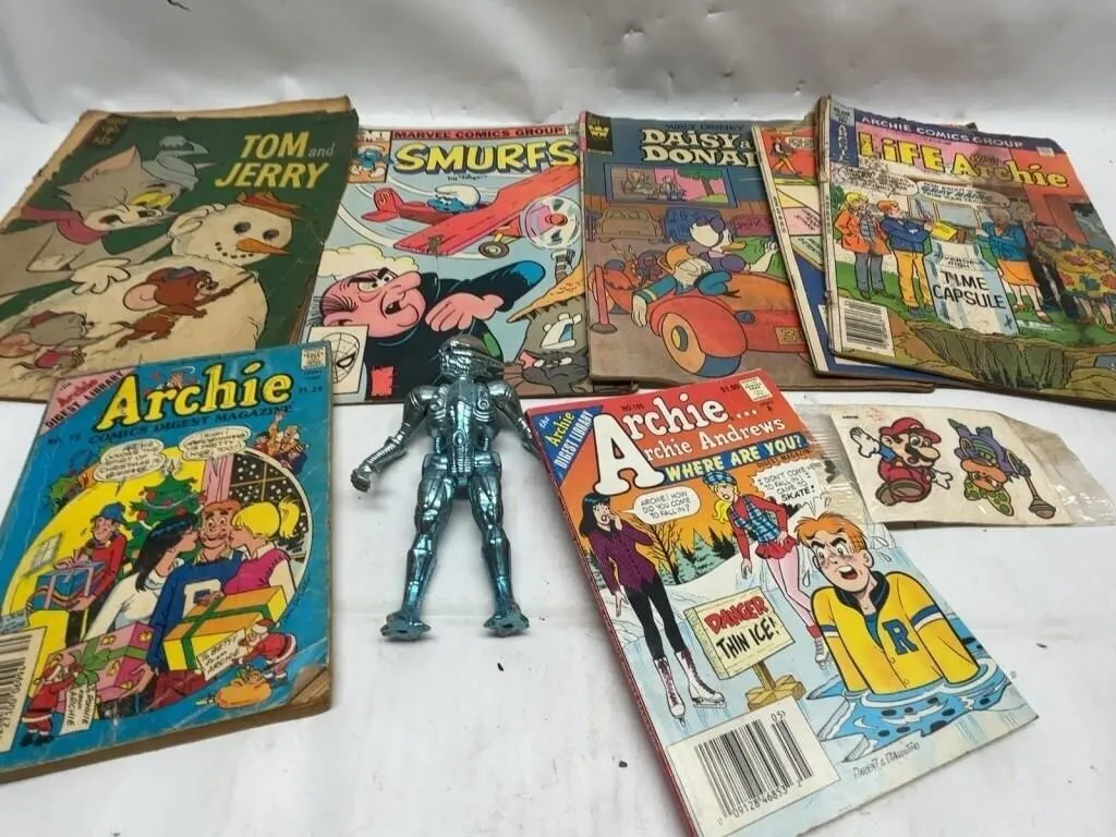 Vintage Comics Lot with Robot Action Figure