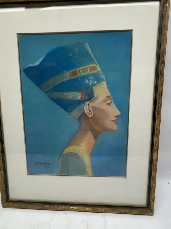 Framed Nefertiti Pastel Painting, Signed 1974