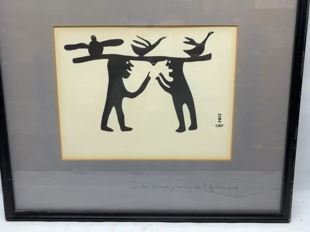 Framed Inuit Print, Two Men Discussing Caring Hunt