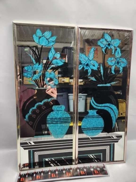 Pair Art Deco Mirrored Wall Art Panels, Floral