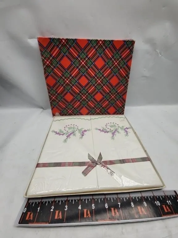 Embroidered Linens in Plaid Gift Box