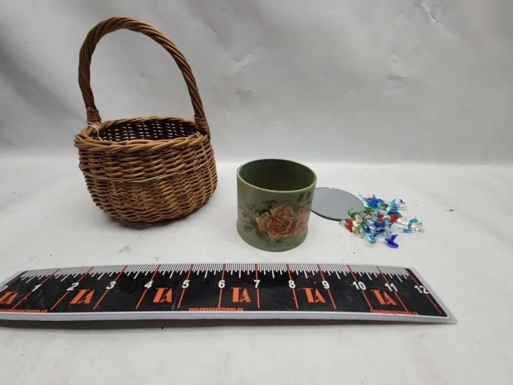 Wicker Basket, Floral Tin Cup & Glass Beads