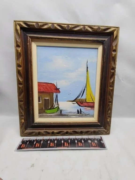 Framed Sailboat Harbor Painting, Signed